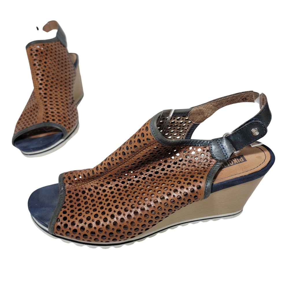 Pikolinos Bali Wedge Sandals Brown Blue Perforated Leather Peep Toe EU 41 US 10